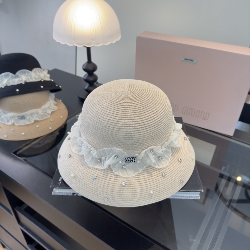 Miu Miu Embellished Straw Cloche Hat White Lace & Crystal Luxury